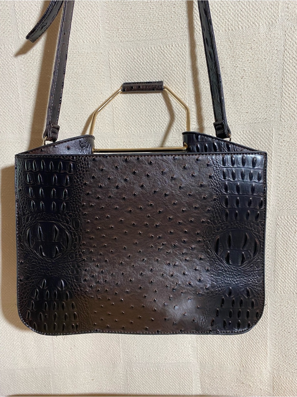 Cato’s Dark Brown Alligator/Ostrich-Texture Shoulder Bag with Gold Metal Handle